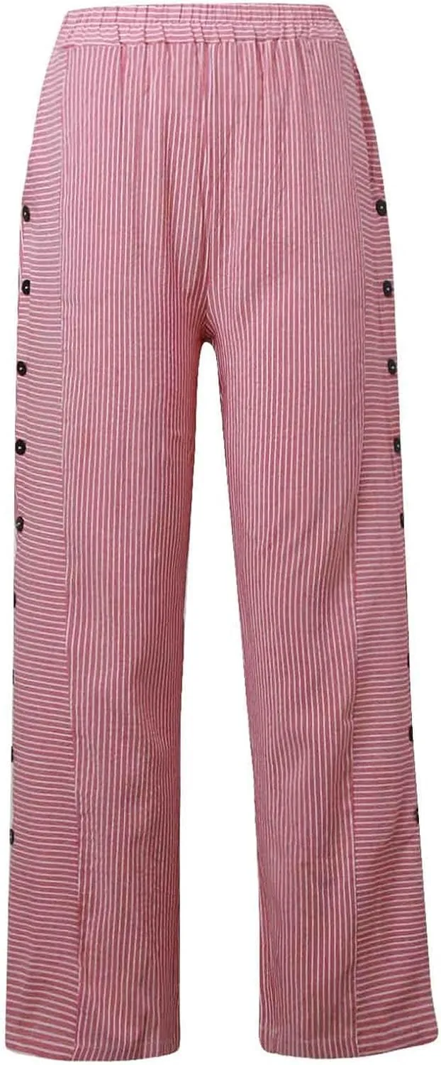 Summer Beach Pants for Women Casual Stiped Drawstring Pants with Pockets Button Side Design Wide Leg Linen Pants for Women
