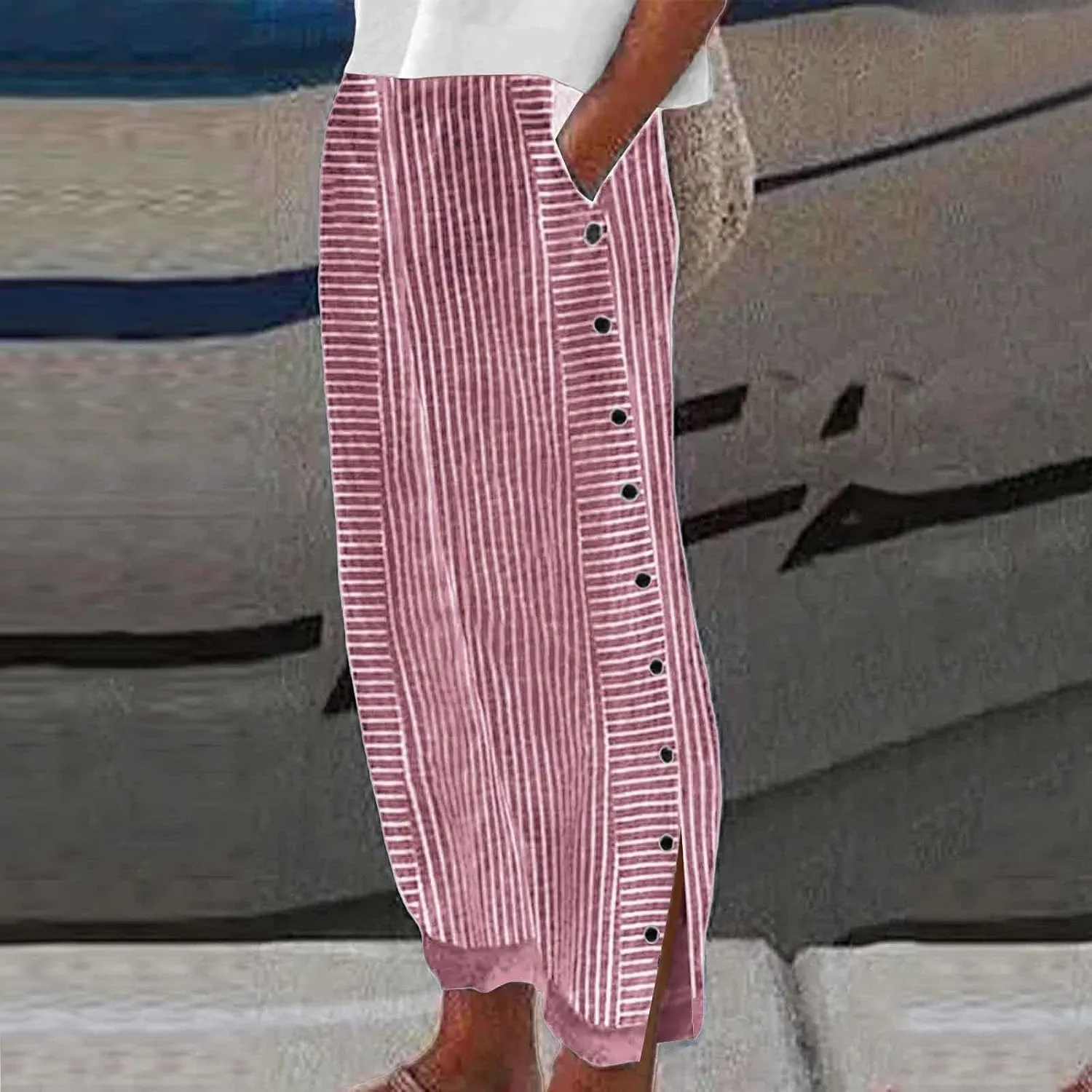 Summer Beach Pants for Women Casual Stiped Drawstring Pants with Pockets Button Side Design Wide Leg Linen Pants for Women