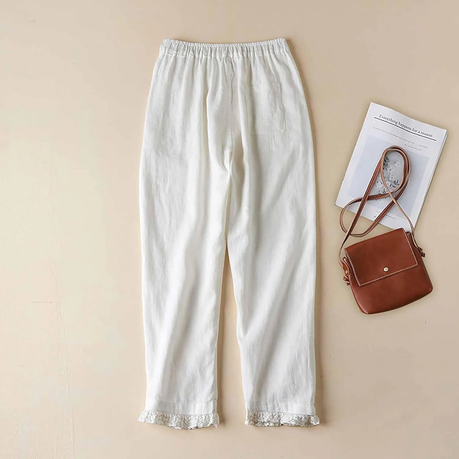 Summer Cotton Linen Pants for Women Lace Trim Casual Pants Lounge Loose Beach Trousers Slacks with Pocket