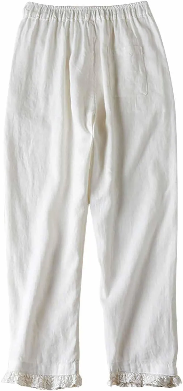 Summer Cotton Linen Pants for Women Lace Trim Casual Pants Lounge Loose Beach Trousers Slacks with Pocket