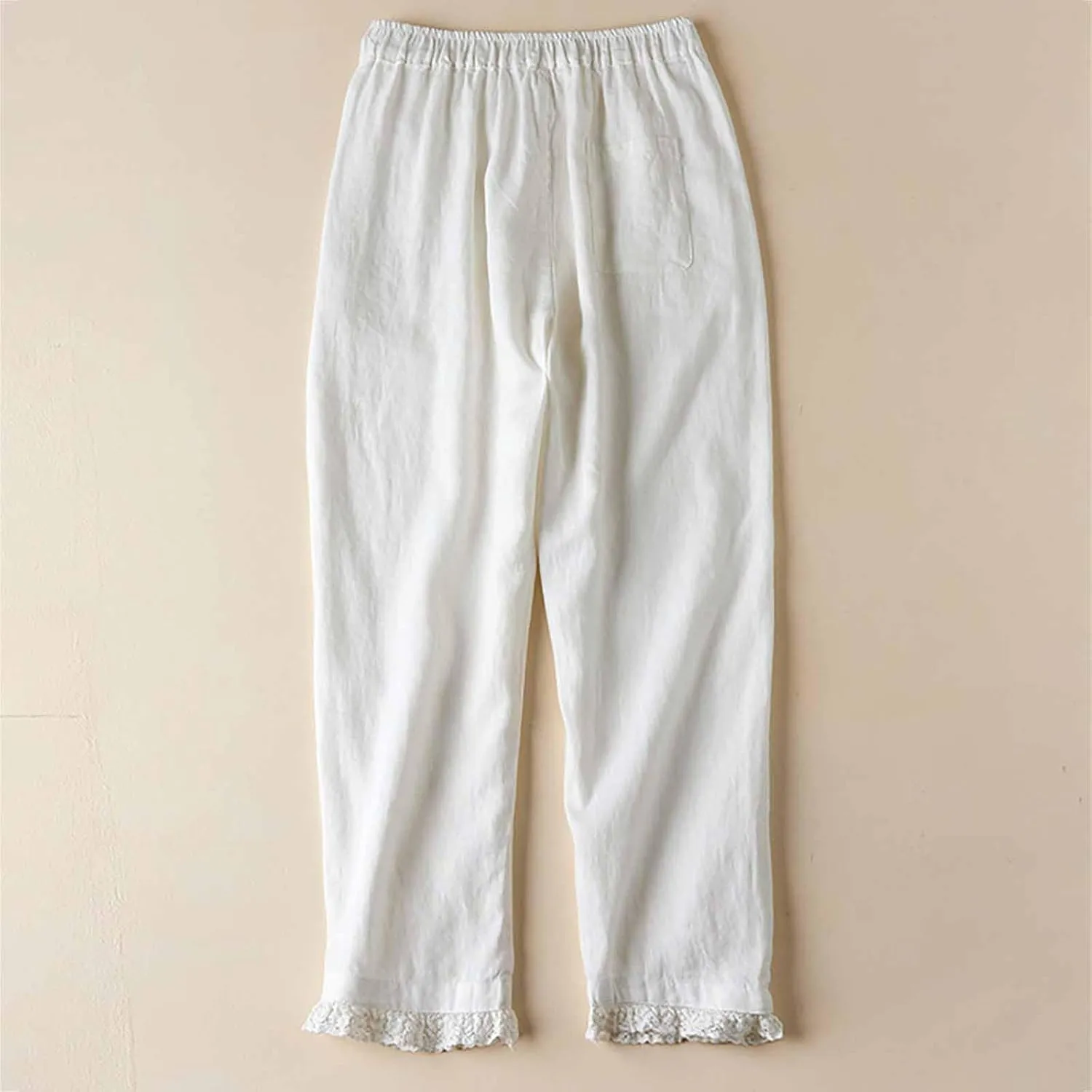 Summer Cotton Linen Pants for Women Lace Trim Casual Pants Lounge Loose Beach Trousers Slacks with Pocket