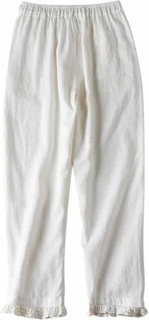 Summer Cotton Linen Pants for Women Lace Trim Casual Pants Lounge Loose Beach Trousers Slacks with Pocket