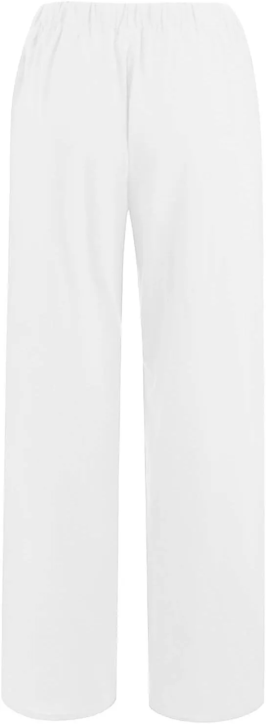 Summer Linen Pants for Women High Waisted Straight Leg Trousers Drawstring Elastic Loose Casual Boho Palazzo Pants