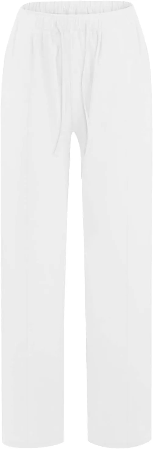 Summer Linen Pants for Women High Waisted Straight Leg Trousers Drawstring Elastic Loose Casual Boho Palazzo Pants