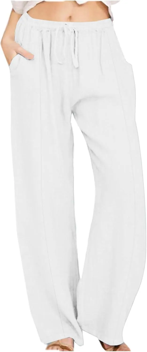 Summer Linen Pants for Women High Waisted Straight Leg Trousers Drawstring Elastic Loose Casual Boho Palazzo Pants