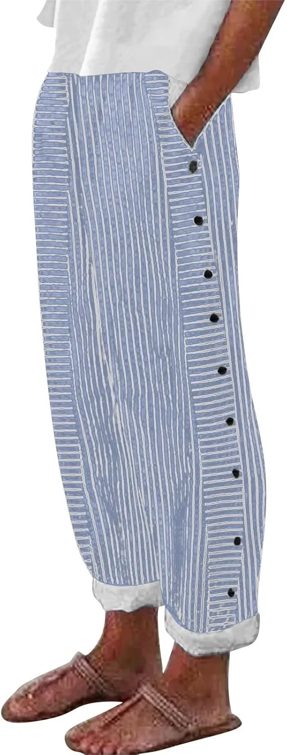 Summer Linen Pants for Women Striped Printed Side Button Pants Baggy Elastic Waist Straight Leg Beach Trousers