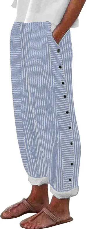 Summer Linen Pants for Women Striped Printed Side Button Pants Baggy Elastic Waist Straight Leg Beach Trousers