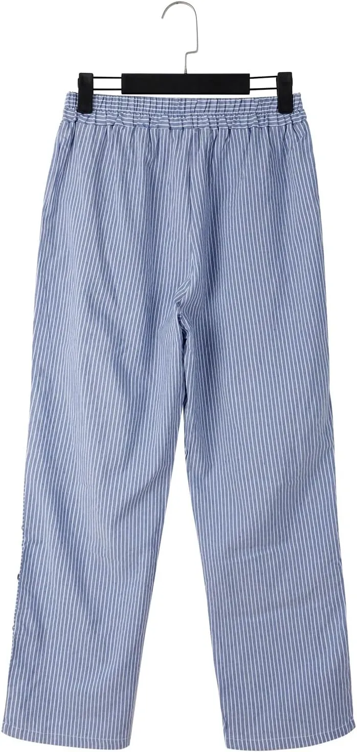 Summer Linen Pants for Women Striped Printed Side Button Pants Baggy Elastic Waist Straight Leg Beach Trousers