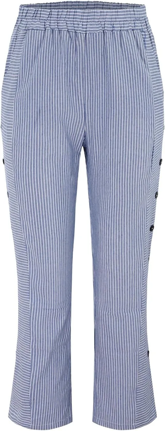 Summer Linen Pants for Women Striped Printed Side Button Pants Baggy Elastic Waist Straight Leg Beach Trousers