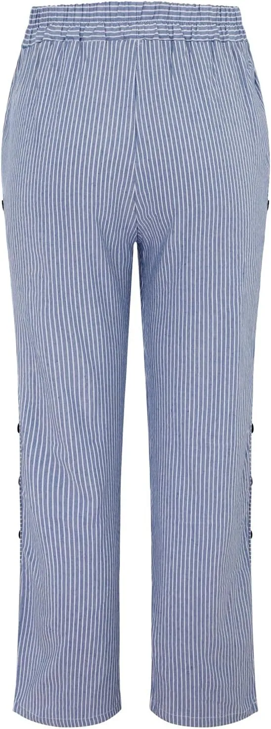 Summer Linen Pants for Women Striped Printed Side Button Pants Baggy Elastic Waist Straight Leg Beach Trousers