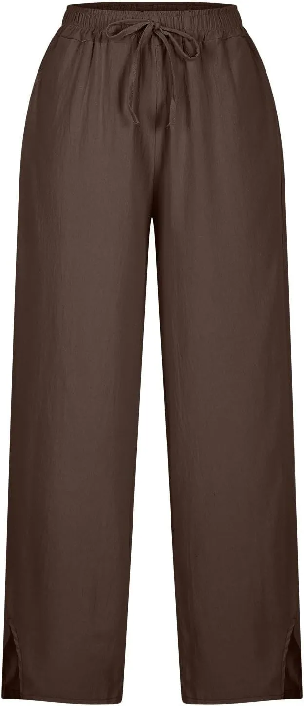 Summer Linen Pants Women High Waist Elastic Straight Wide Leg Lounge Pant Casual Loose Lightweight Beach Trousers