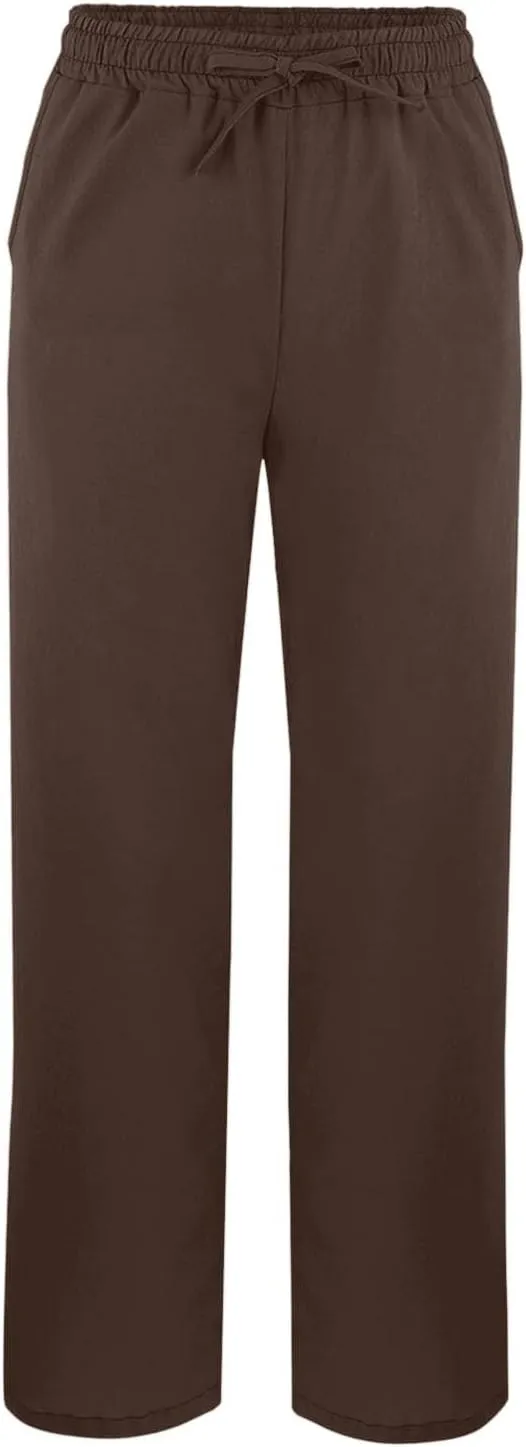 Summer Linen Pants Women High Waist Elastic Straight Wide Leg Lounge Pant Casual Loose Lightweight Beach Trousers
