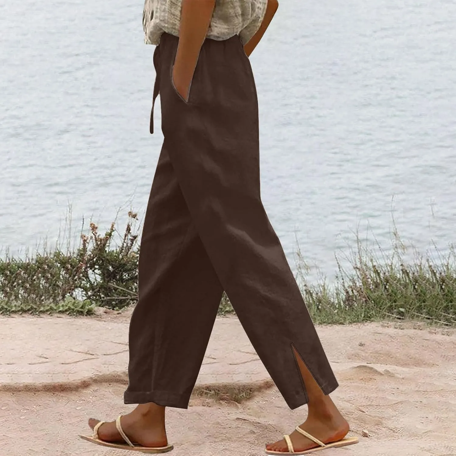 Summer Linen Pants Women High Waist Elastic Straight Wide Leg Lounge Pant Casual Loose Lightweight Beach Trousers