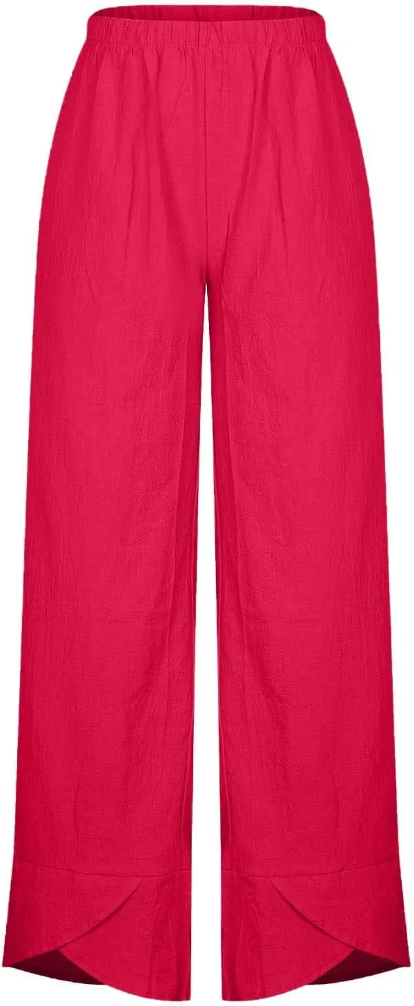 Summer Womens Cotton Linen Pants Plus Size Wide Leg Capri Pants 2025 Lightweight High Waisted Beach Trousers Pockets