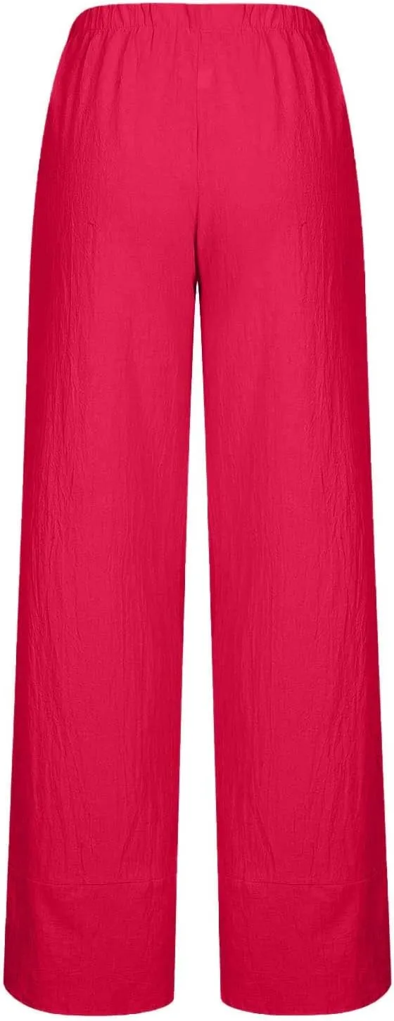Summer Womens Cotton Linen Pants Plus Size Wide Leg Capri Pants 2025 Lightweight High Waisted Beach Trousers Pockets
