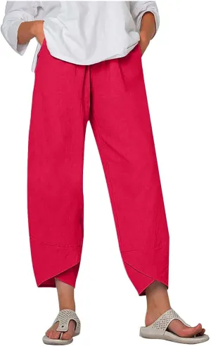 Summer Womens Cotton Linen Pants Plus Size Wide Leg Capri Pants 2025 Lightweight High Waisted Beach Trousers Pockets
