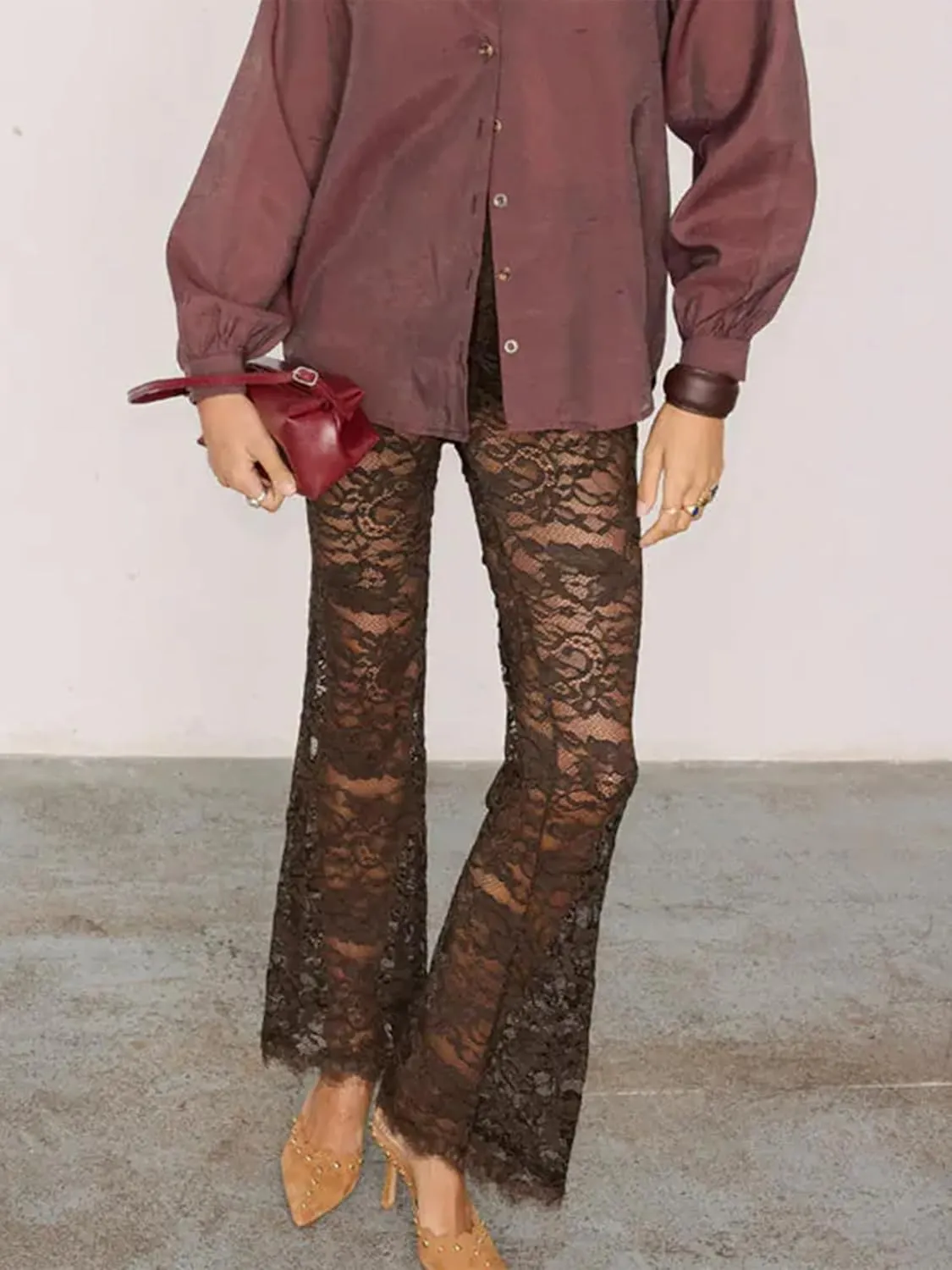 Sunloudy Women Lace Bell Pant Sexy See Through Flare Bottom Leggings Hollow Out Mesh Cover Up Trousers