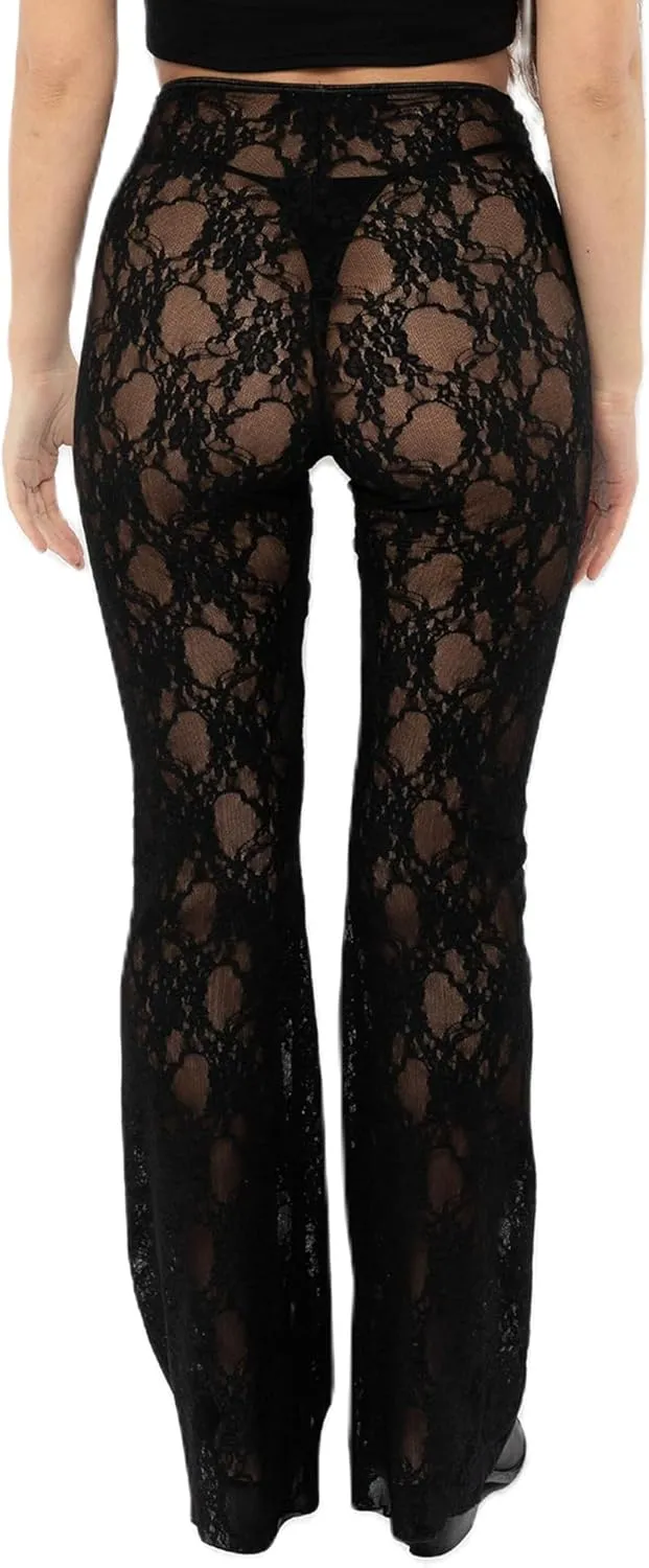 Sunloudy Women Lace Bell Pant Sexy See Through Flare Bottom Leggings Hollow Out Mesh Cover Up Trousers