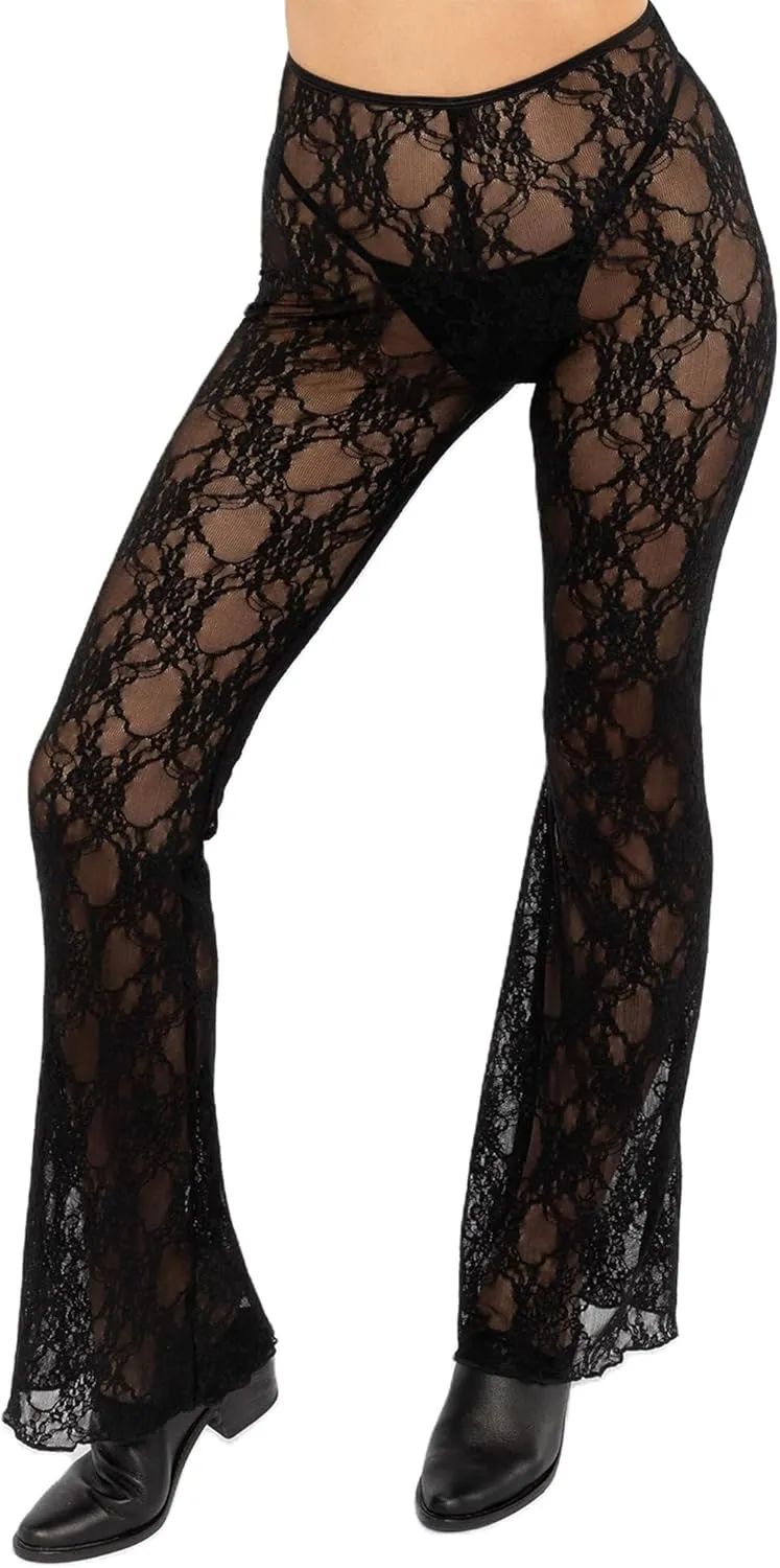 Sunloudy Women Lace Bell Pant Sexy See Through Flare Bottom Leggings Hollow Out Mesh Cover Up Trousers