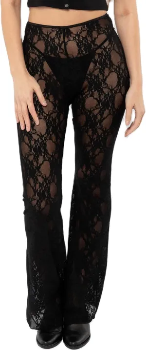 Sunloudy Women Lace Bell Pant Sexy See Through Flare Bottom Leggings Hollow Out Mesh Cover Up Trousers