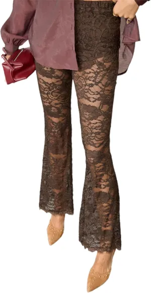 Sunloudy Women Lace Bell Pant Sexy See Through Flare Bottom Leggings Hollow Out Mesh Cover Up Trousers