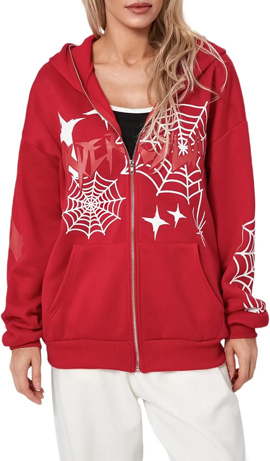 Sunwittafy Womens Full Zip Up Hoodie Y2k Spider Web Oversized Sweatshirt Long Sleeve Punk Jacket Vintage Harajuku Streetwear