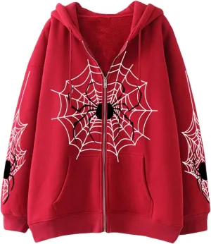 Sunwittafy Womens Full Zip Up Hoodie Y2k Spider Web Oversized Sweatshirt Long Sleeve Punk Jacket Vintage Harajuku Streetwear
