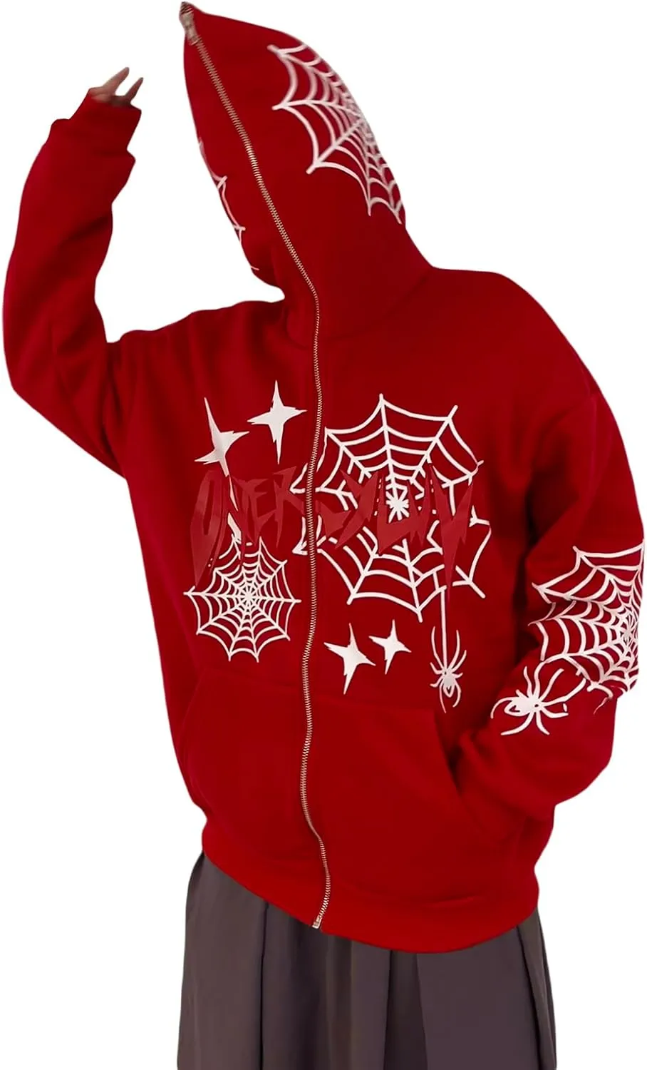 Sunwittafy Womens Full Zip Up Hoodie Y2k Spider Web Oversized Sweatshirt Long Sleeve Punk Jacket Vintage Harajuku Streetwear