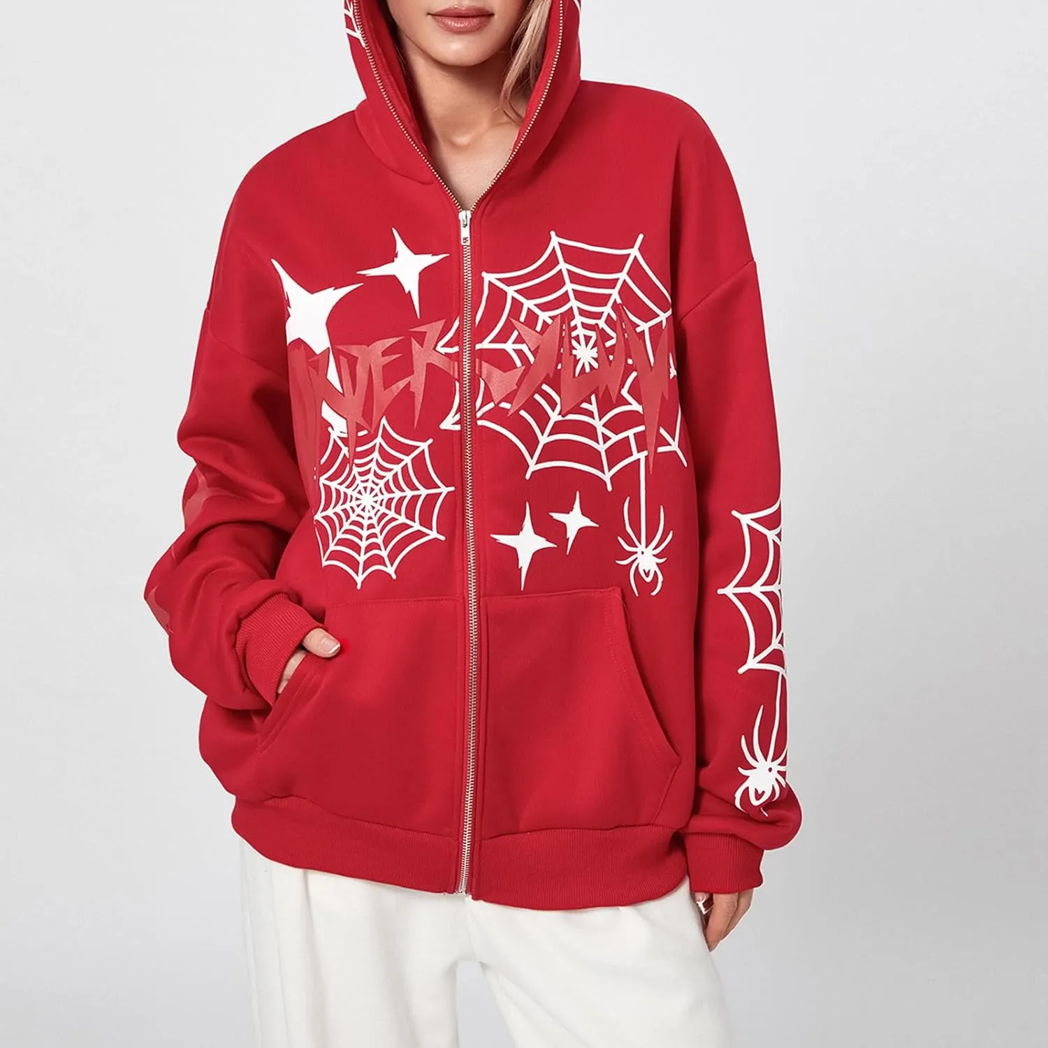 Sunwittafy Womens Full Zip Up Hoodie Y2k Spider Web Oversized Sweatshirt Long Sleeve Punk Jacket Vintage Harajuku Streetwear