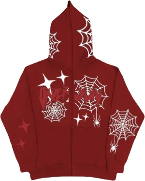 Sunwittafy Womens Full Zip Up Hoodie Y2k Spider Web Oversized Sweatshirt Long Sleeve Punk Jacket Vintage Harajuku Streetwear