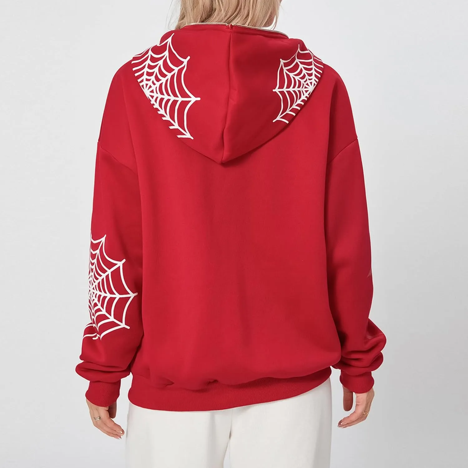 Sunwittafy Womens Full Zip Up Hoodie Y2k Spider Web Oversized Sweatshirt Long Sleeve Punk Jacket Vintage Harajuku Streetwear