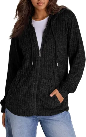 Sweaters for Women Long Sleeve Knitted Zip up Hoodies Ribbed Pullover Loose Casual Sweatshirts with Pocket