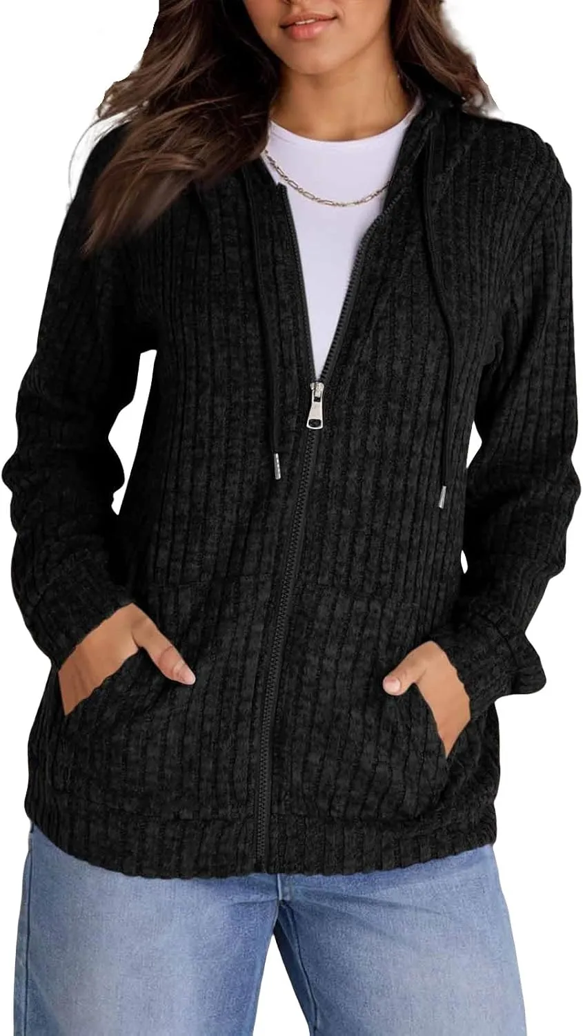 Sweaters for Women Long Sleeve Knitted Zip up Hoodies Ribbed Pullover Loose Casual Sweatshirts with Pocket