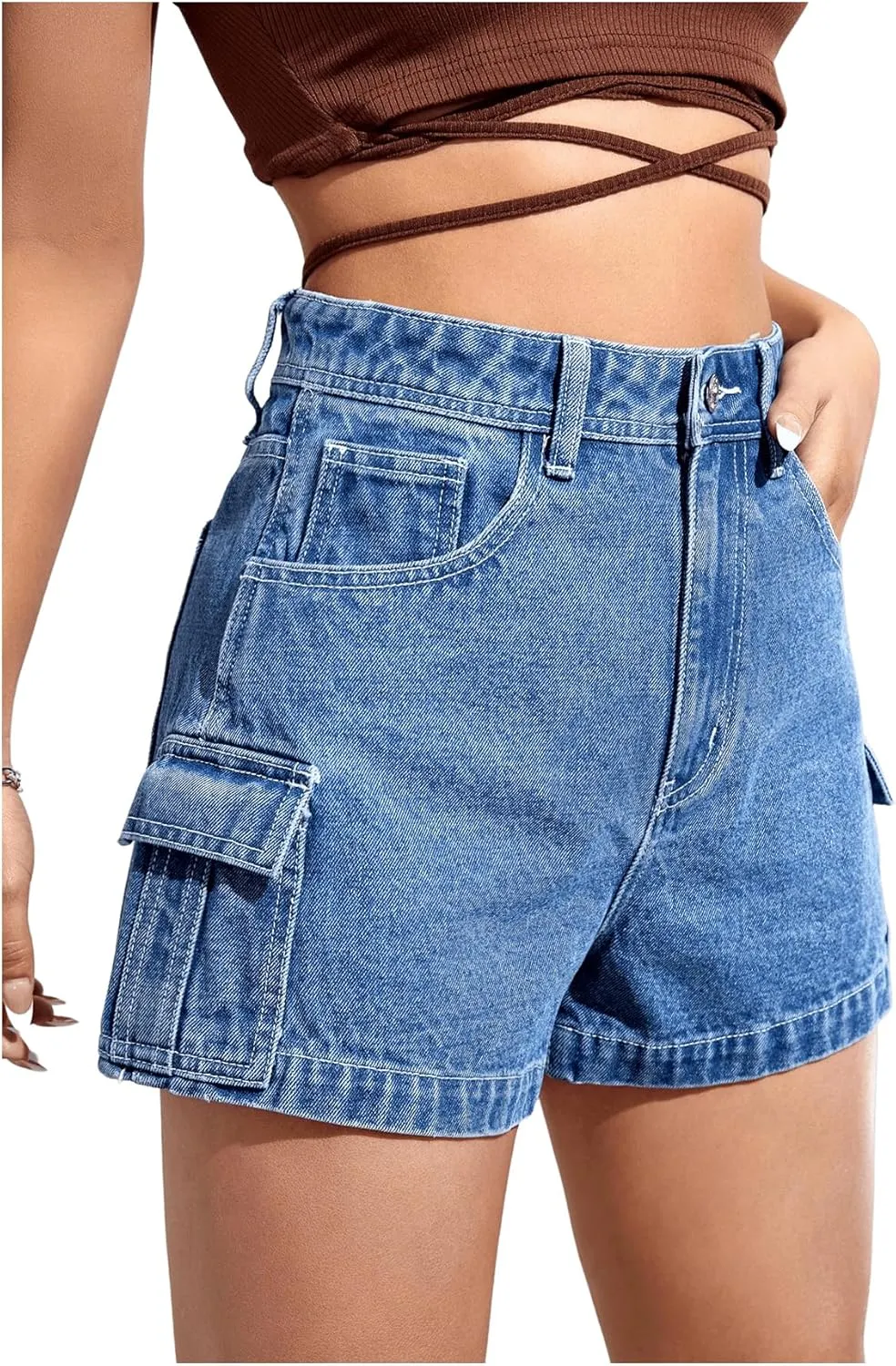 SweatyRocks Women's Casual High Rise Zip Up Denim Shorts Straight Leg Flap Pocket Jean Shorts