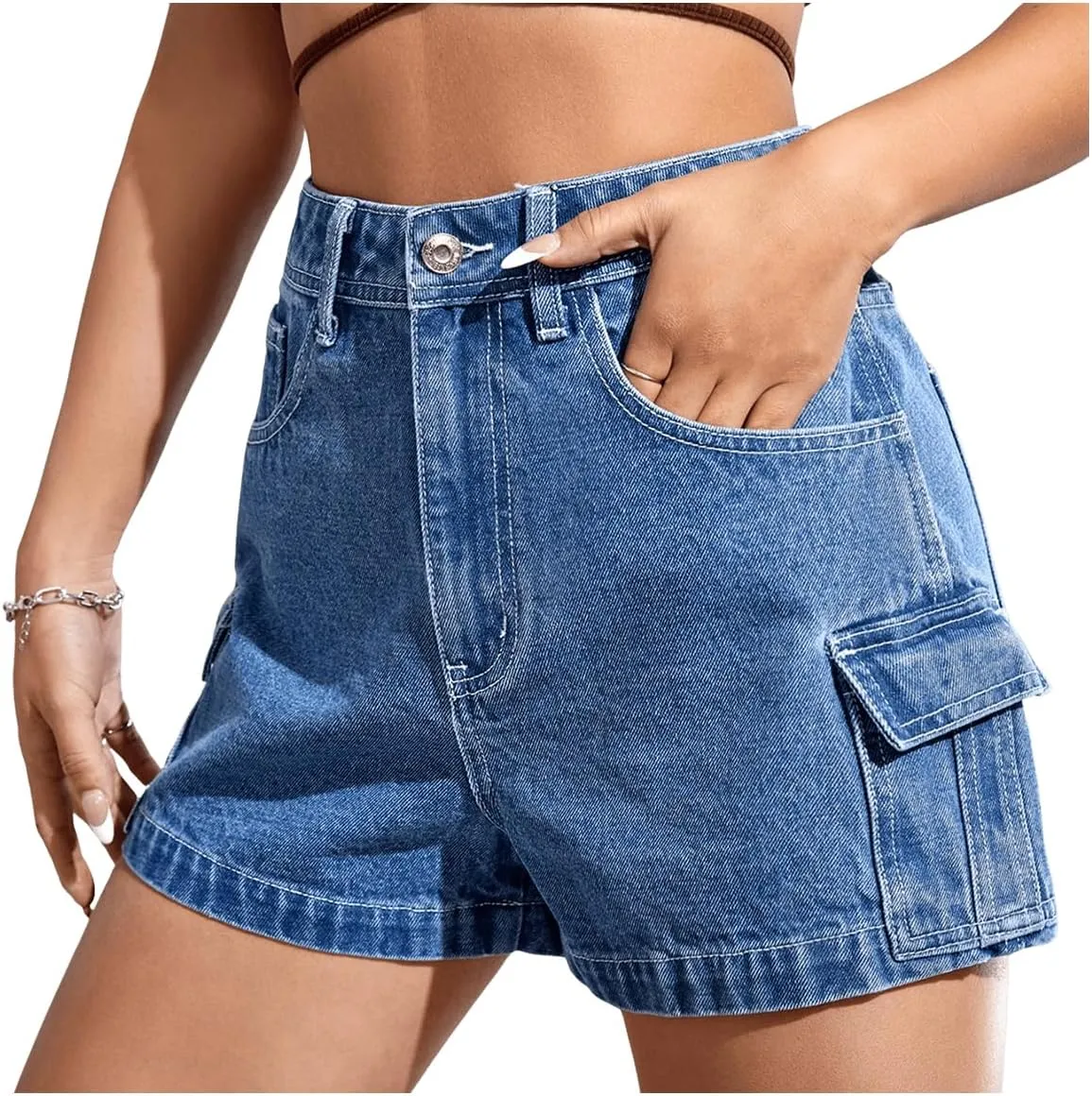 SweatyRocks Women's Casual High Rise Zip Up Denim Shorts Straight Leg Flap Pocket Jean Shorts