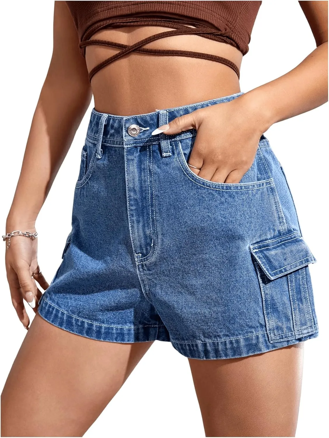 SweatyRocks Women's Casual High Rise Zip Up Denim Shorts Straight Leg Flap Pocket Jean Shorts
