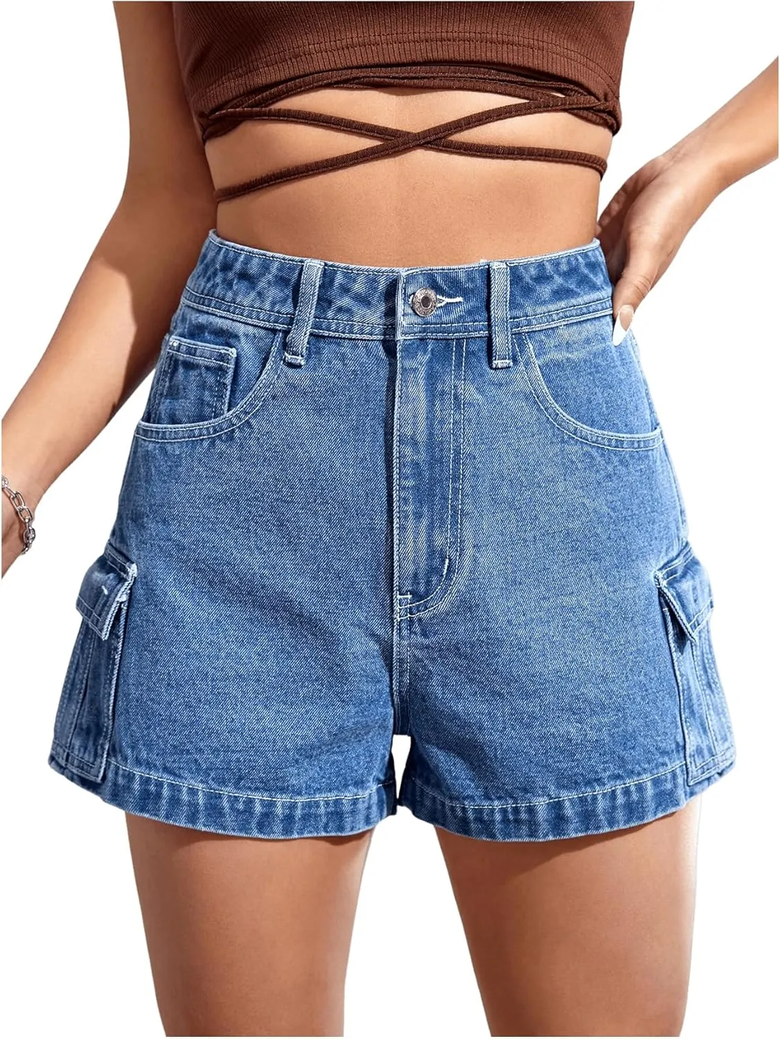 SweatyRocks Women's Casual High Rise Zip Up Denim Shorts Straight Leg Flap Pocket Jean Shorts