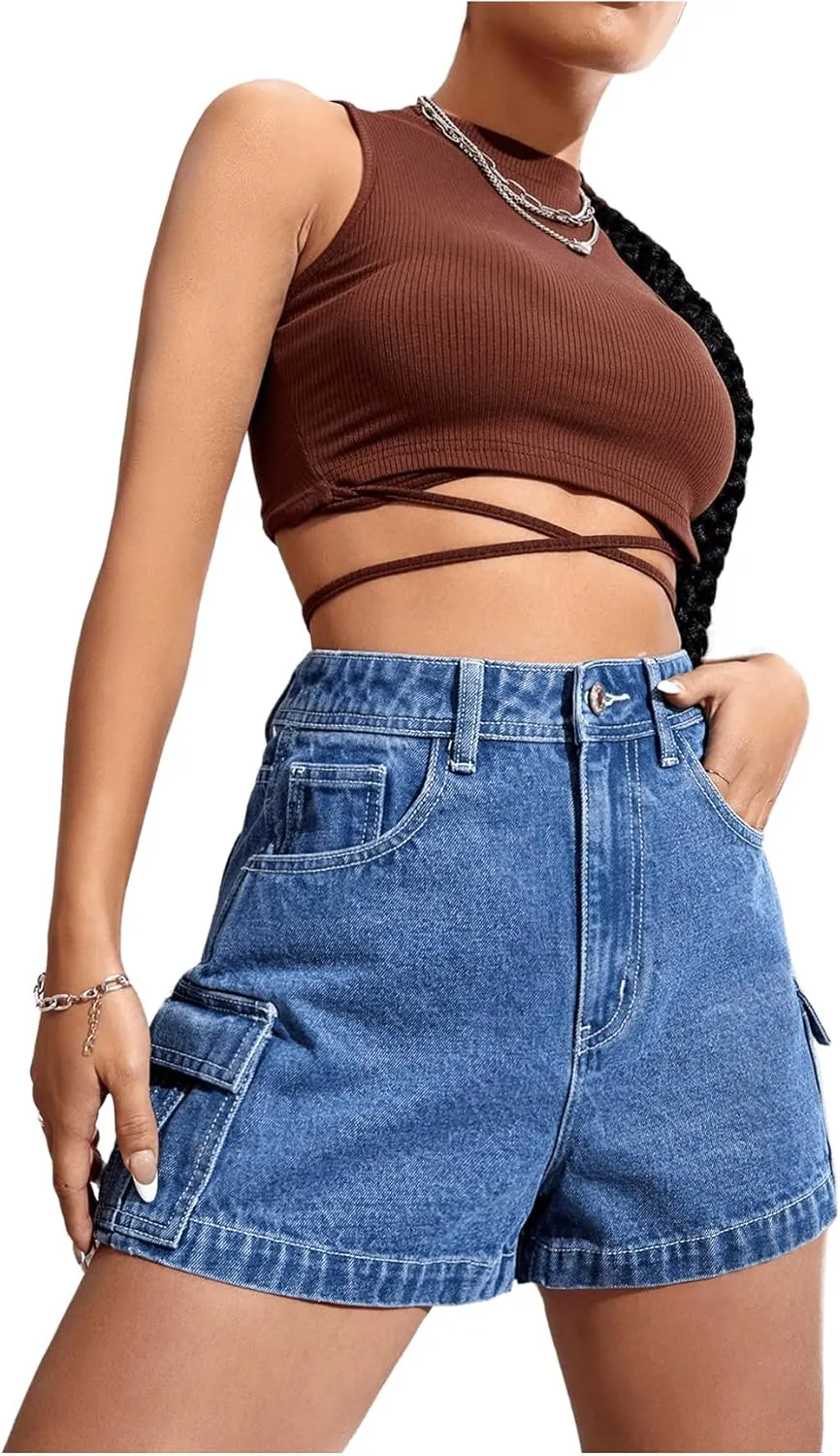 SweatyRocks Women's Casual High Rise Zip Up Denim Shorts Straight Leg Flap Pocket Jean Shorts