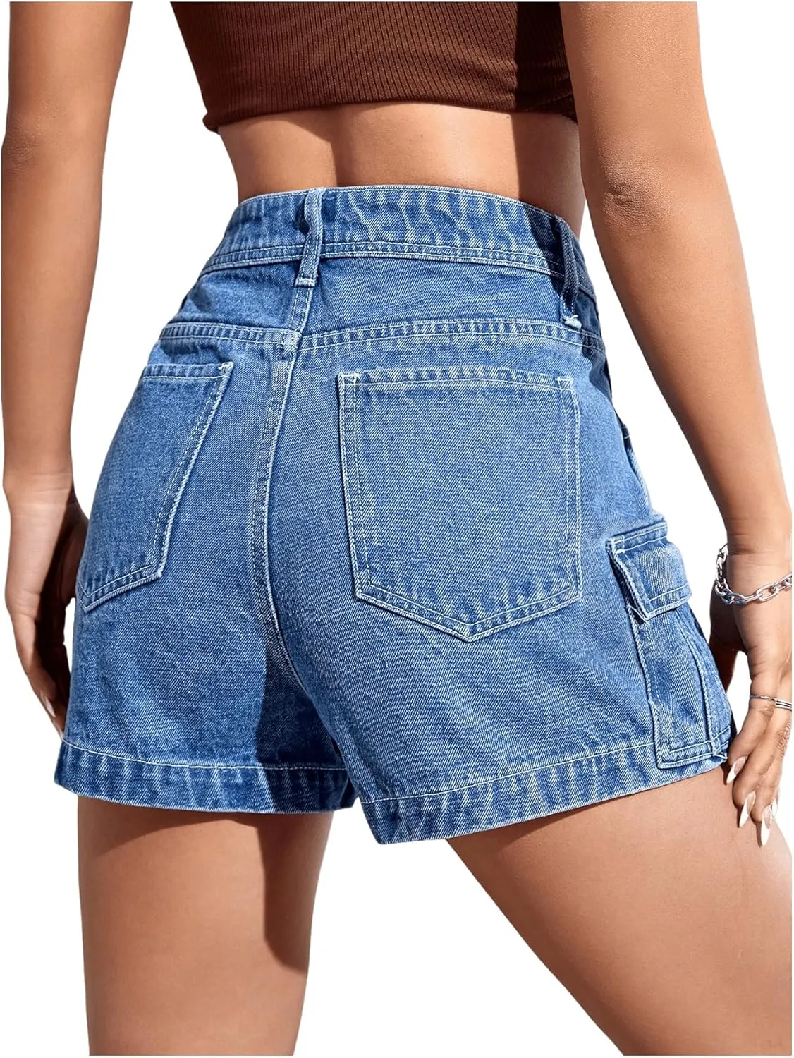 SweatyRocks Women's Casual High Rise Zip Up Denim Shorts Straight Leg Flap Pocket Jean Shorts