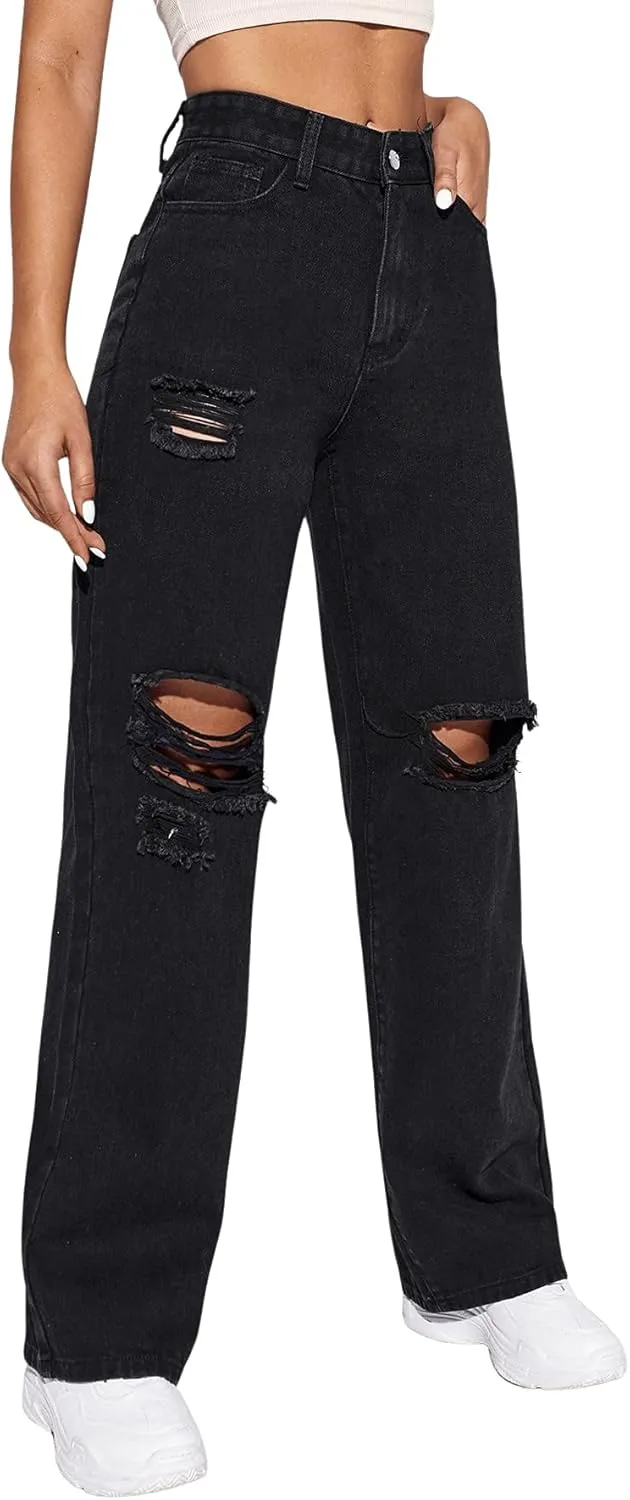 SweatyRocks Women's High Waist Slant Pocket Denim Jeans Ripped Straight Leg Pants