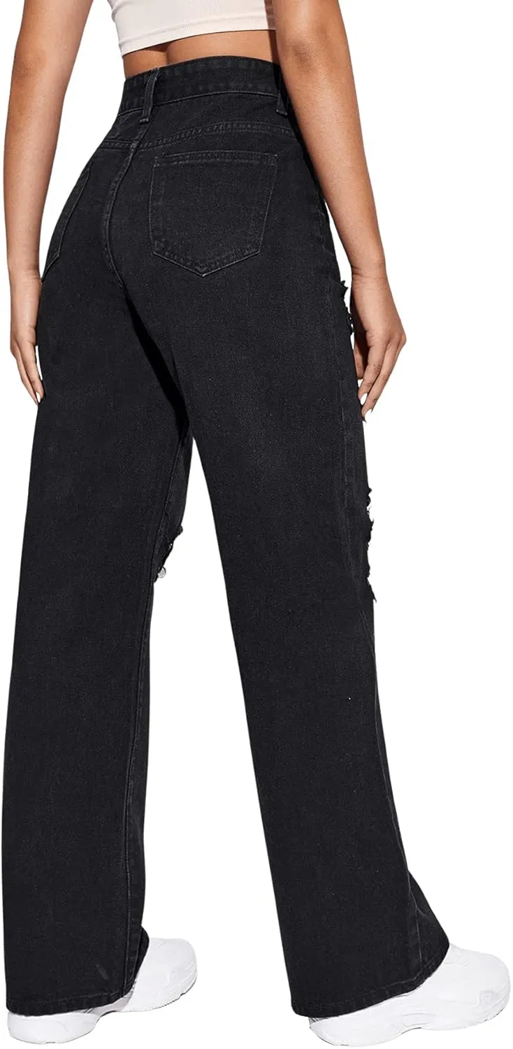 SweatyRocks Women's High Waist Slant Pocket Denim Jeans Ripped Straight Leg Pants