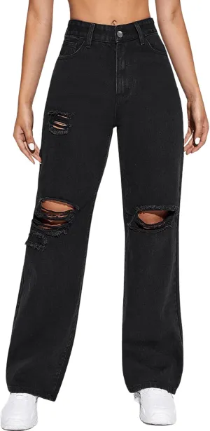 SweatyRocks Women's High Waist Slant Pocket Denim Jeans Ripped Straight Leg Pants