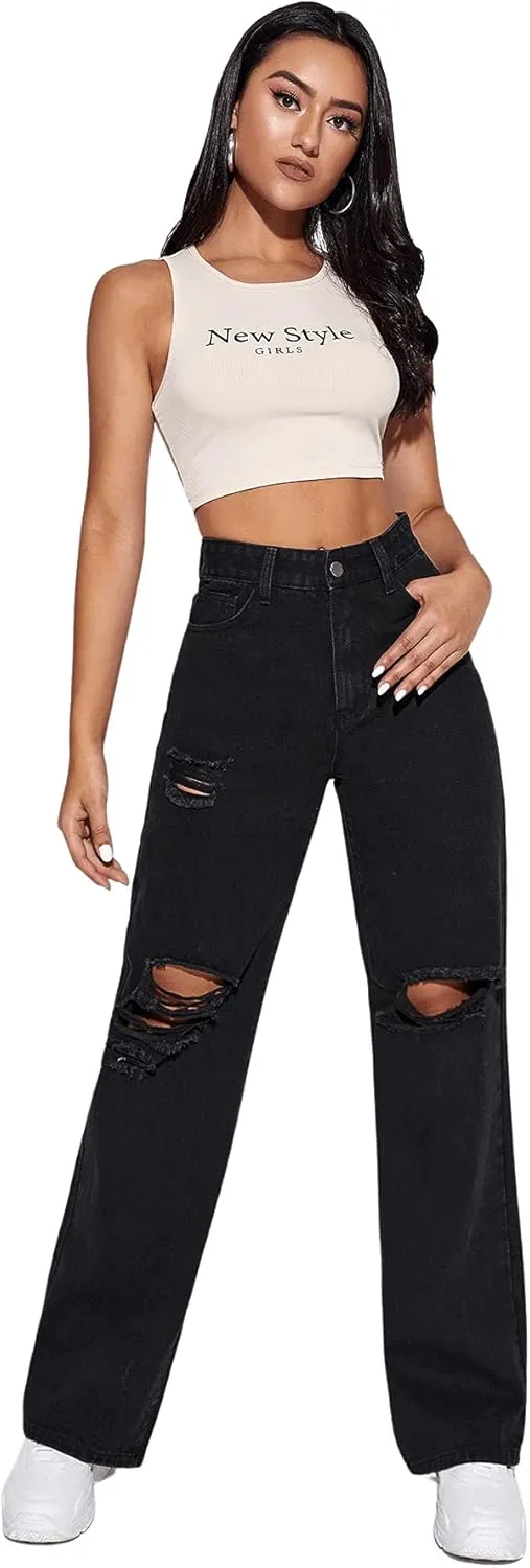 SweatyRocks Women's High Waist Slant Pocket Denim Jeans Ripped Straight Leg Pants