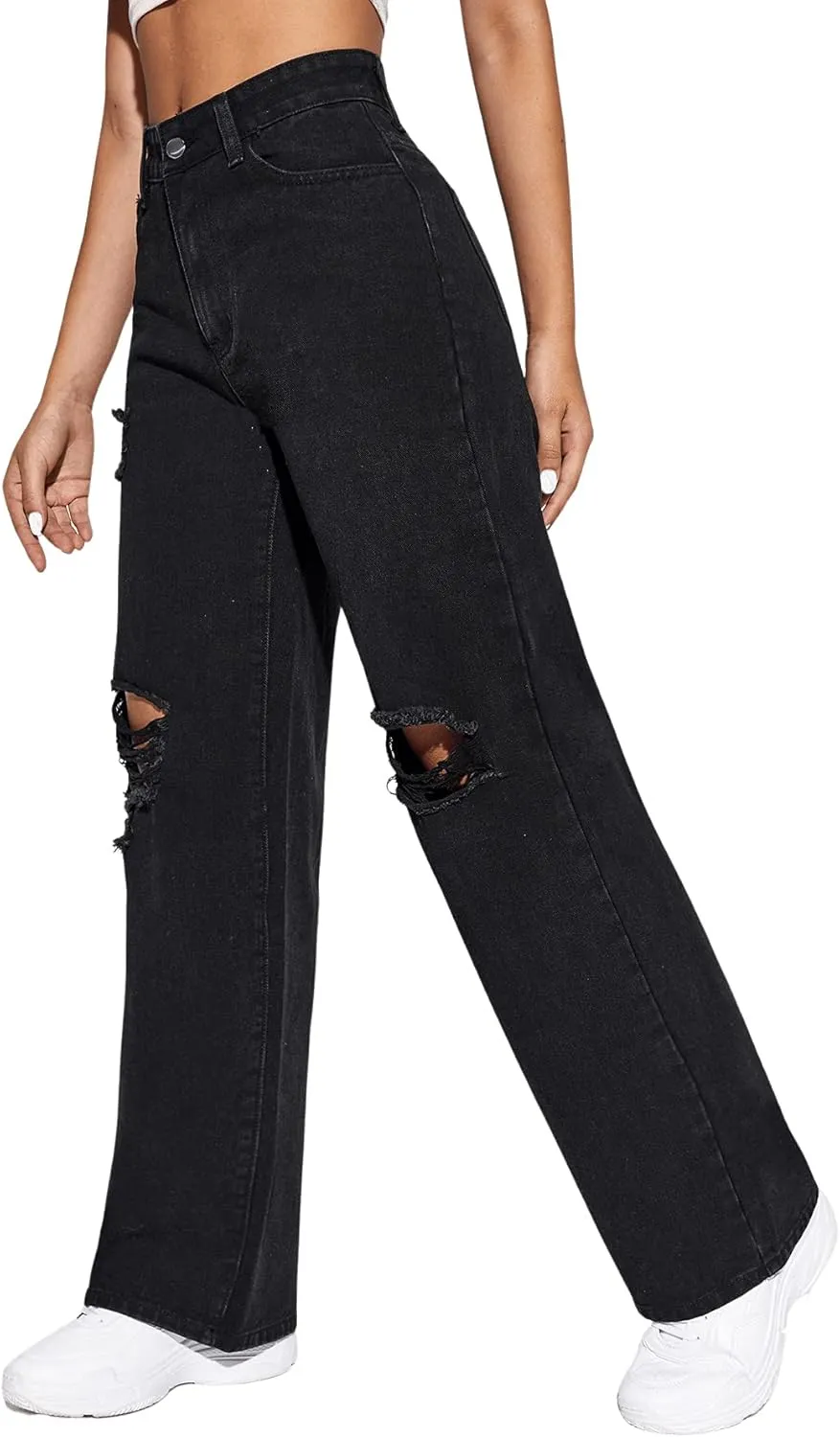 SweatyRocks Women's High Waist Slant Pocket Denim Jeans Ripped Straight Leg Pants