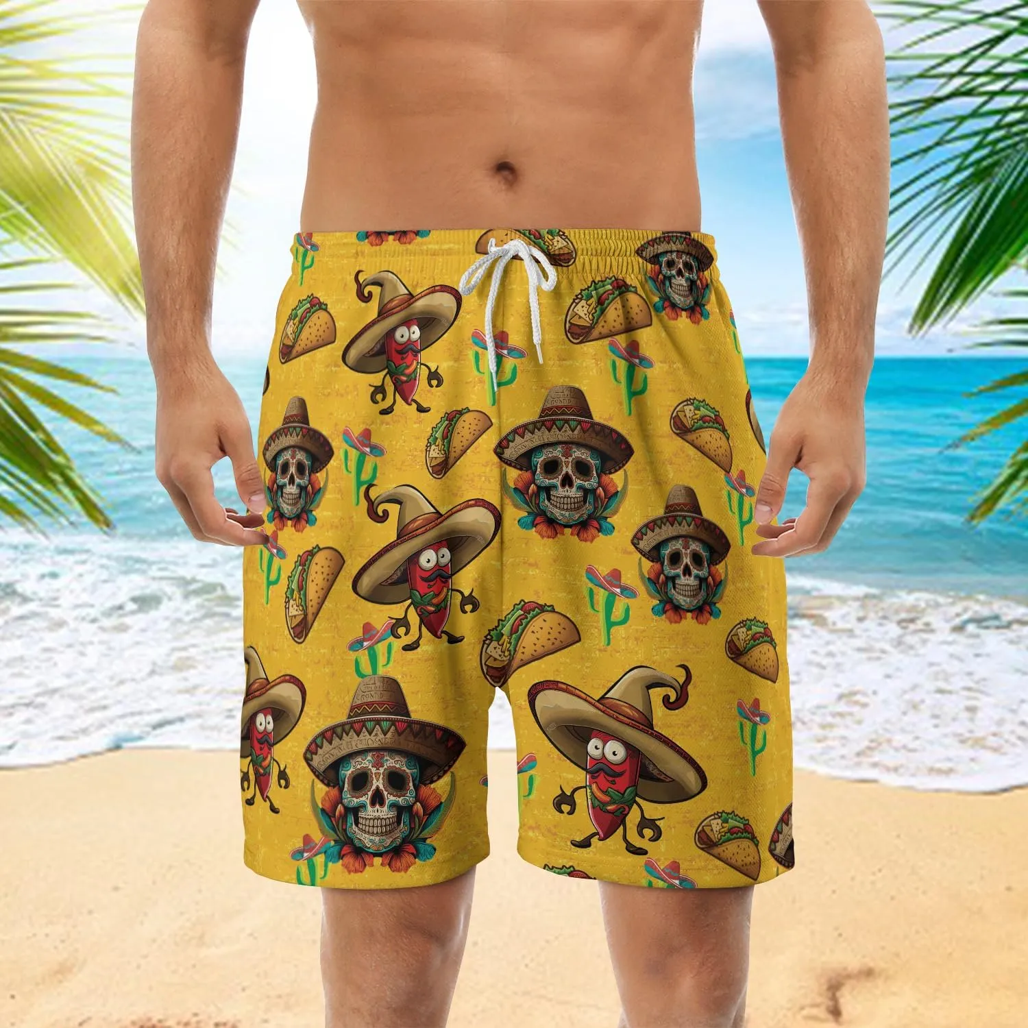 Tacos Mexico Mens Swim Trunks - Mexican Hawaiian Mens Shorts Casual - Summer Drawstring Beachwear Shorts PA30