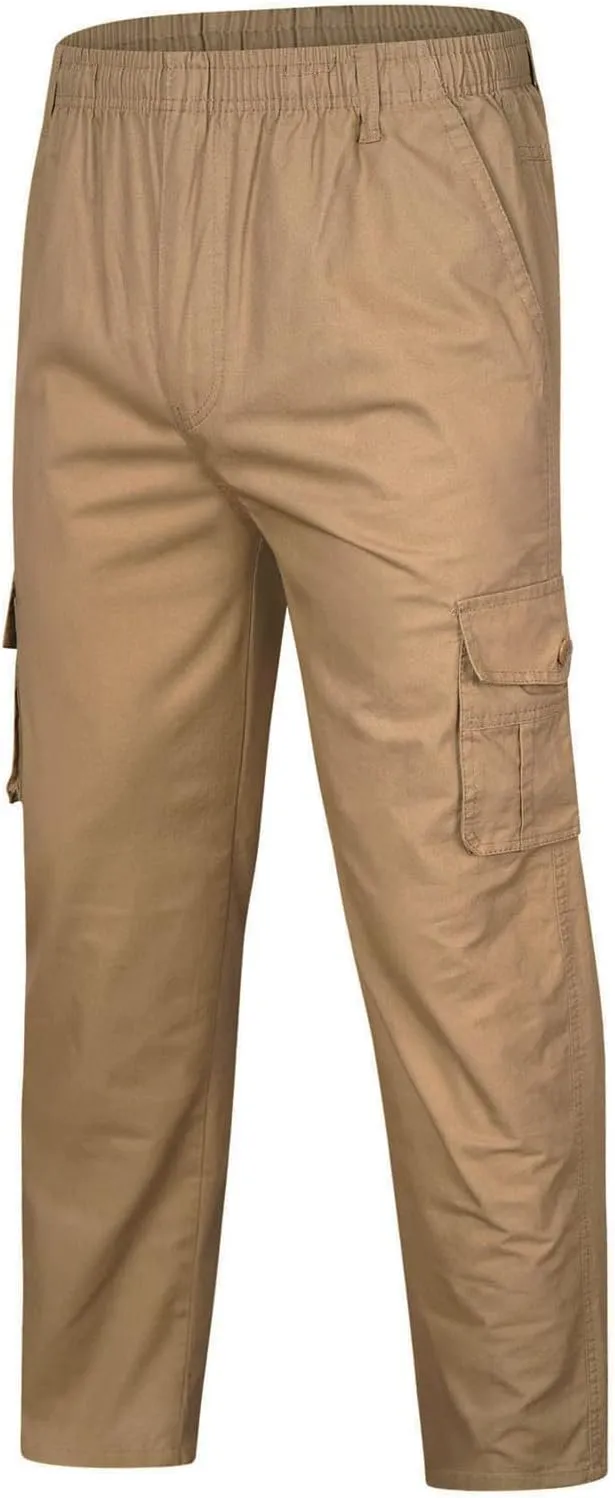 Tactical Pants for Men 2023 Elastic Waist Multi Pockets Solid Cotton Cargo Pants Causal Straight Tooling Trousers