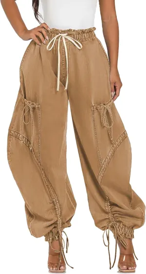 Tbahhir Baggy Cargo Jeans for Women High Waist Wide Leg Denim Pants Loose Harem Drawstring Jogger Sweatpants Trousers