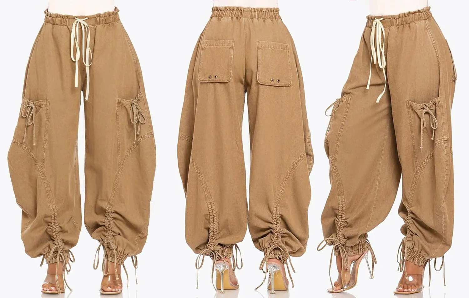 Tbahhir Baggy Cargo Jeans for Women High Waist Wide Leg Denim Pants Loose Harem Drawstring Jogger Sweatpants Trousers