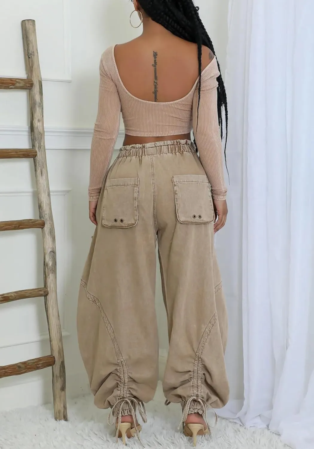 Tbahhir Baggy Cargo Jeans for Women High Waist Wide Leg Denim Pants Loose Harem Drawstring Jogger Sweatpants Trousers