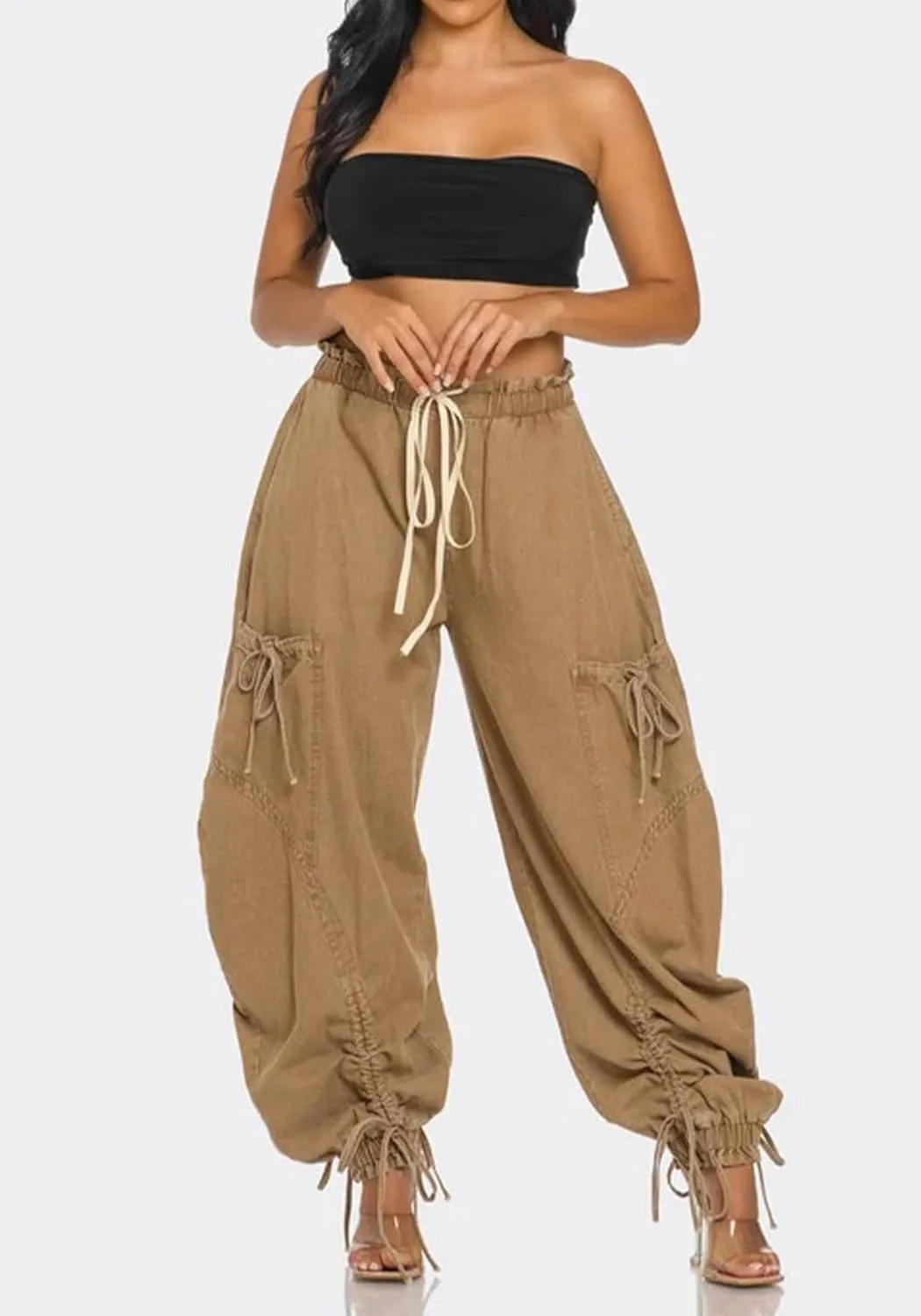 Tbahhir Baggy Cargo Jeans for Women High Waist Wide Leg Denim Pants Loose Harem Drawstring Jogger Sweatpants Trousers